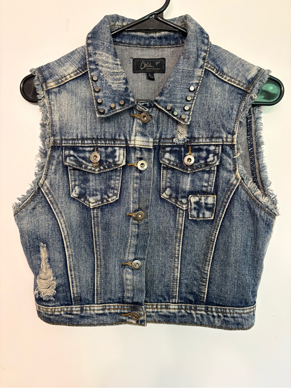 Womens Chiqle Denim Jacket Button Up  Silver Studs Pockets Streetwear Punk